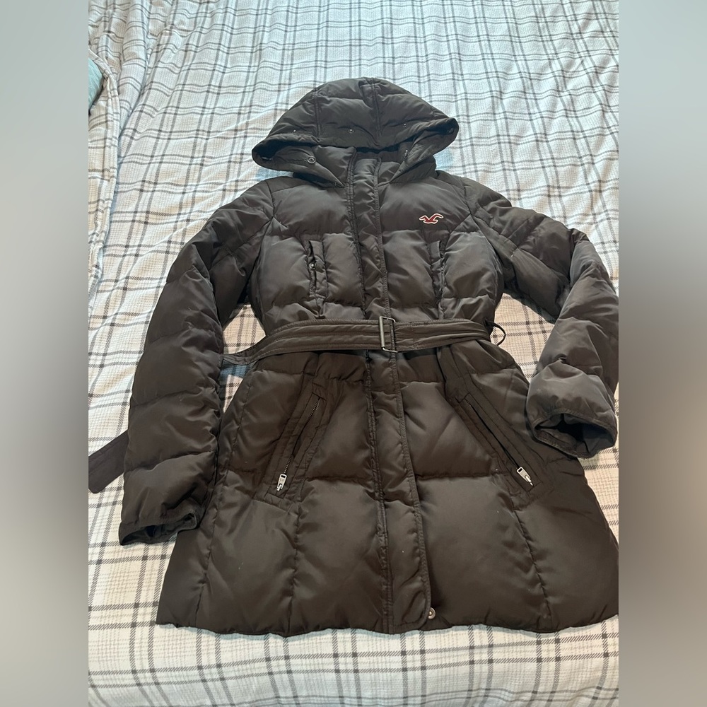 Y2K Hollister Womens Brown Belted Puffer Down Coat Hooded Winter Warm Size L